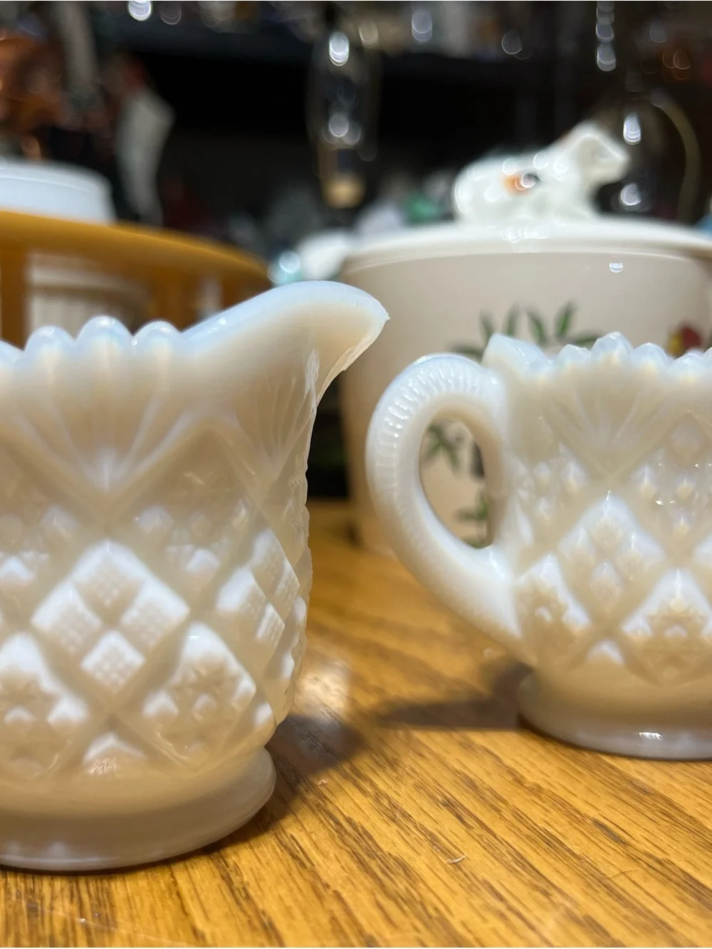 Mini Vintage Milk Glass Creamer and Sugar Set - White
